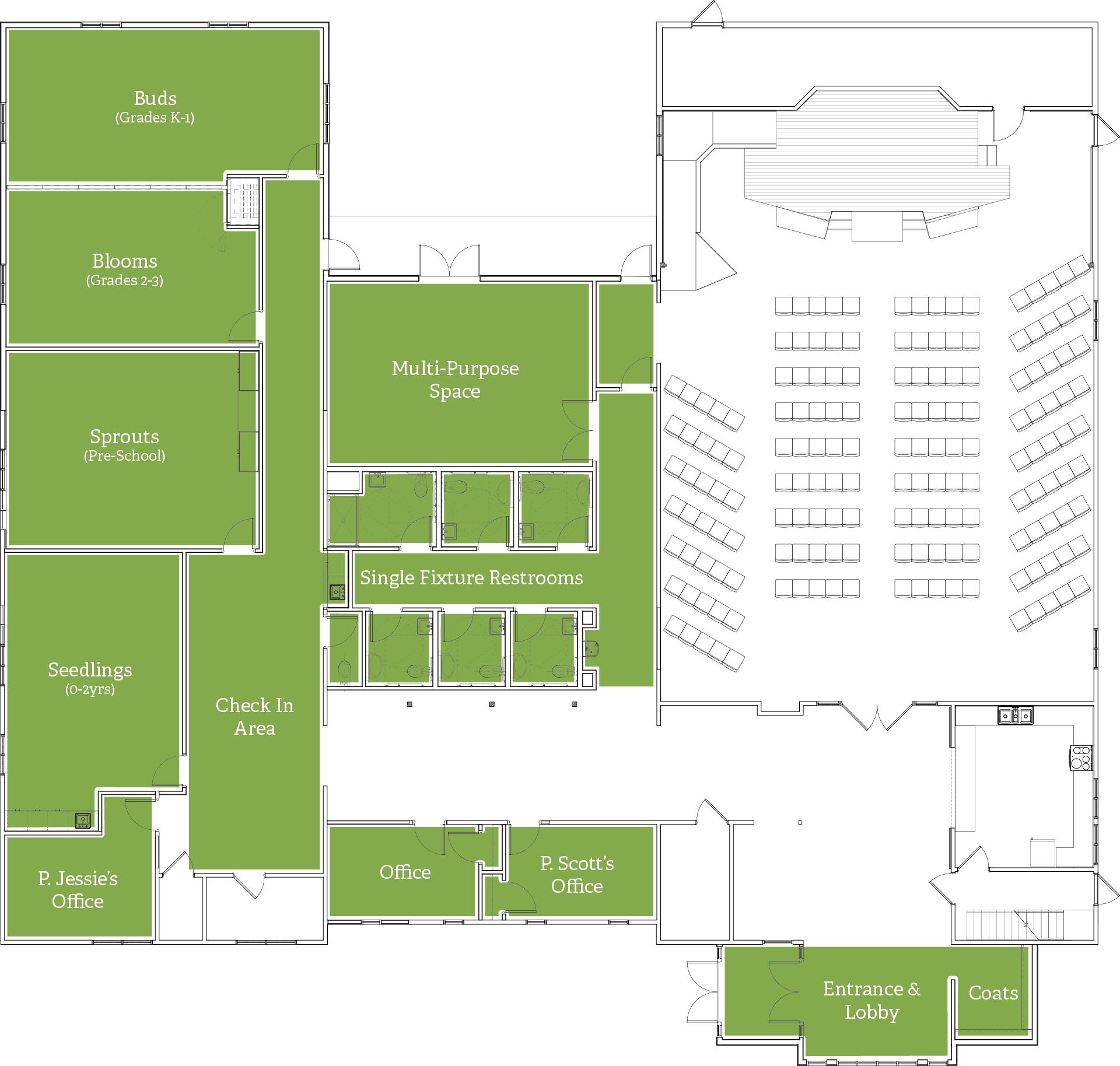 Diagram of a plan for expanding and renovating the Artisan Church building, showing the addition of three new classrooms (two on the left side of the building and one in what is currently the courtyard) and reconfiguration of existing space to create a total of 5 appropraitely-sized classrooms, a new office space for our children's pastor, and more accessible and inclusive restrooms.